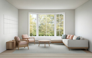 Fototapeta premium Modern living room featuring large windows, minimalist furniture, and natural light
