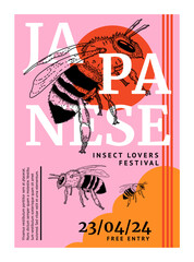 Poster bee. Exhibition invitation. Natural museum. Entomology gallery flyer. Honeybee sketch. Lettering font. Typography graphic art. Collage text. Insect festival. Vector event poster design template