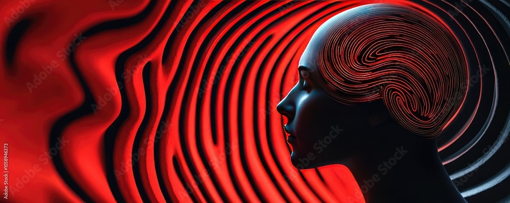 Poster abstract human silhouette with swirling patterns against a red background.