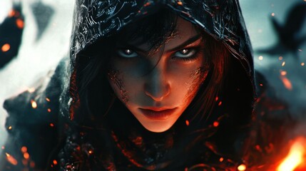 A fierce character with glowing eyes in a dark, mystical setting, exuding power and intensity.