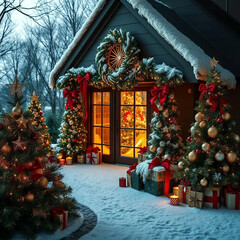 festive villa exterior with christmas decorations, merry christmas and happy new year 2025