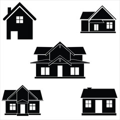 Collection home icons. House symbol. Set of real estate objects and houses black icons isolated on white background. Vector illustration.
