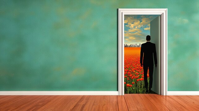 Person Stepping Through a Door from City to Flower Field