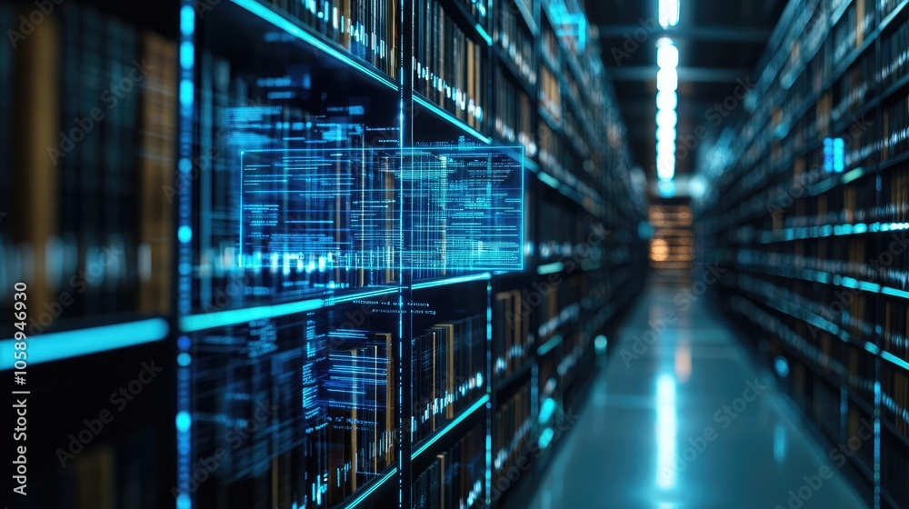 Poster modern library with glowing digital interfaces and bookshelves, futuristic atmosphere.