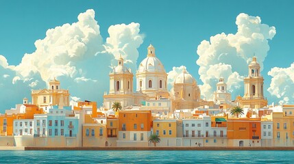 A vibrant coastal cityscape with colorful buildings and domed structures under a blue sky.