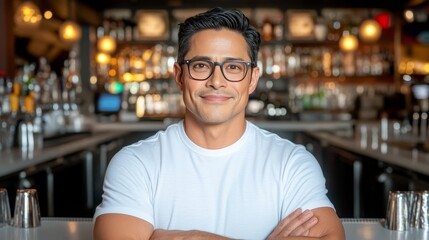 Obraz premium Confident Man in White Shirt at Bar Counter