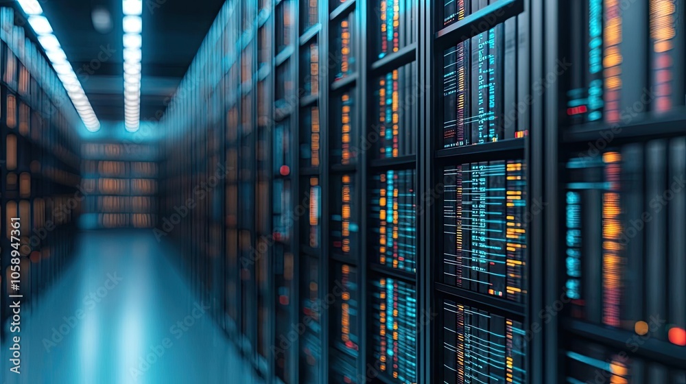 Aufkleber Data center aisle with rows of servers and glowing lights, modern tech environment.
