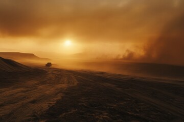 A solitary vehicle makes its way across a dusty expanse as the sun sets, casting an orange glow over the rugged landscape and creating a dramatic atmosphere