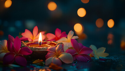 A Diwali lamp with a burning flame, surrounded by colorful flowers, and a blurred background