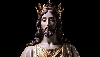 Fototapeta premium Close-up of Jesus Christ statue facing left with a sorrowful expression, head tilted upwards and wearing a crown, against a dark, unlit background.
