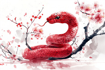 Obraz premium red snake on a white and pink background in a Japanese style with blooming cherry