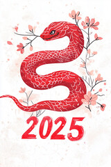 Happy Chinese new year 2025 simple greeting card with red snake and blooming cherry