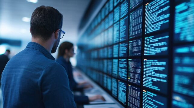 Two professionals analyze data on digital screens displaying code and information, emphasizing technology and collaboration in a modern workspace.