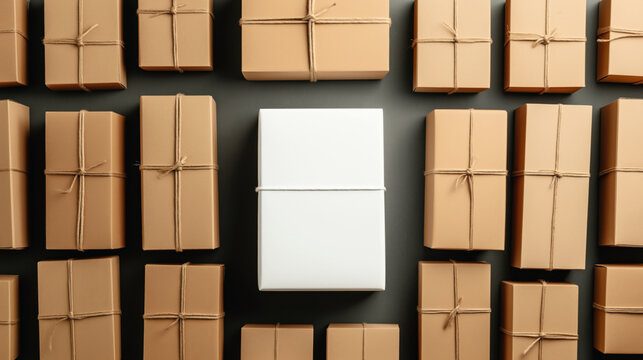 Multiple brown parcels tied with string arranged symmetrically around a single white parcel on a dark background