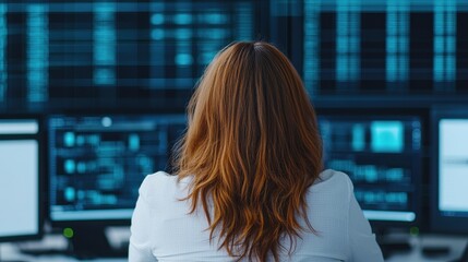 A woman with curly hair is focused on multiple computer screens displaying data and analytics in a modern workspace.