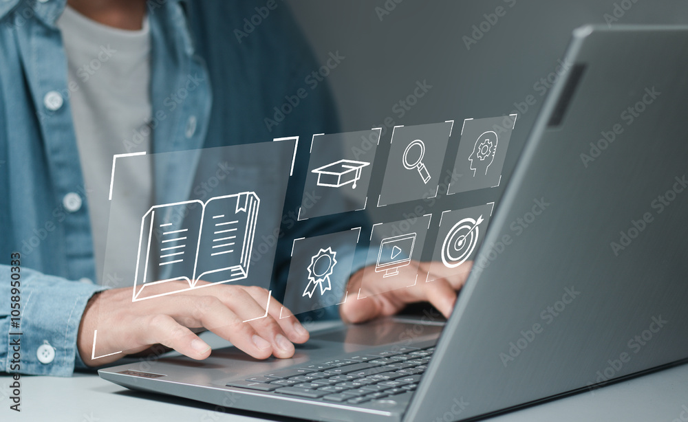 Wall mural learn to train in front of the computer. internet e-learning lessons and online webinars people atte