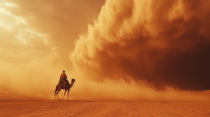 A lone rider sits atop a camel, gazing towards a dramatic sandstorm rolling across the horizon as dusk settles over the expansive desert