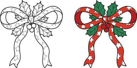 Hand drawn Christmas red bow ribbon with stars pattern, holly leaves and berries, editable line thicknes. Vector illustration.