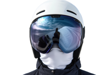 Close-up of ski helmet and goggles reflecting snowy mountain landscape, isolated on transparent background