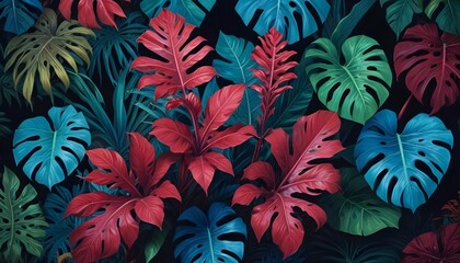 Tropical exotic pattern with animal and flowers in bright colors and lush vegetationn