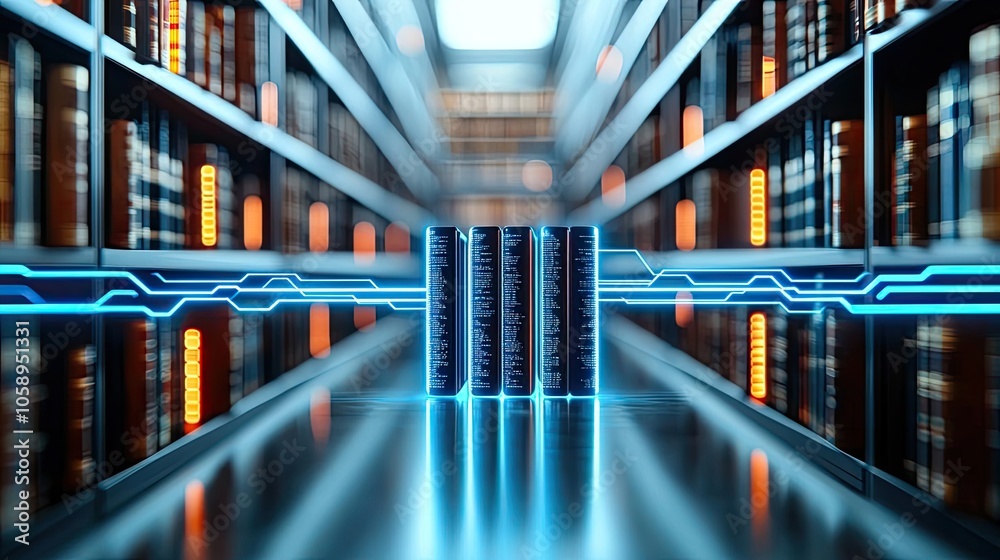 Poster Digital data storage concept with glowing servers and library backdrop.