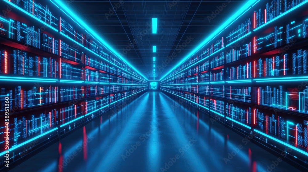 Poster futuristic data storage in a neon-lit digital library corridor.
