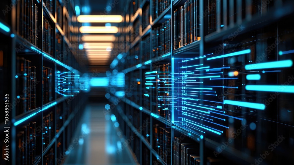 Poster futuristic data storage with glowing blue lights and shelves of servers.