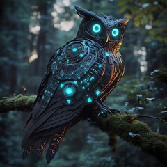 A futuristic robotic owl perched on a branch in a dark forest, glowing with blue light.