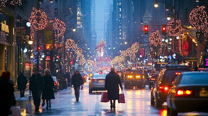 Obraz premium busy city street during the holiday season, with people walking and carrying shopping bags