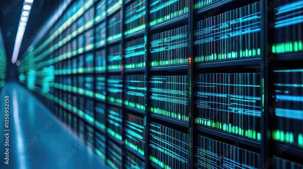Aufkleber futuristic data storage center with glowing lights and digital interfaces.