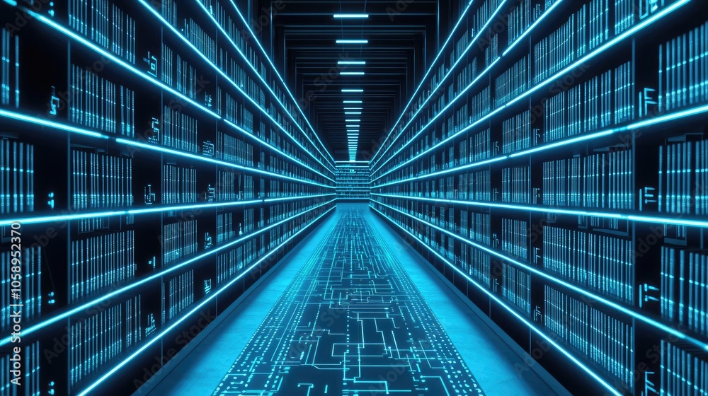 Poster Futuristic digital library with glowing blue shelves and circuit patterns.