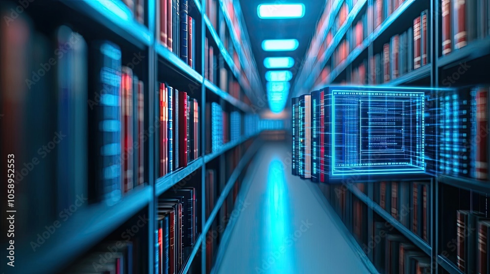 Poster Futuristic library with digital data cube floating in a modern book aisle.