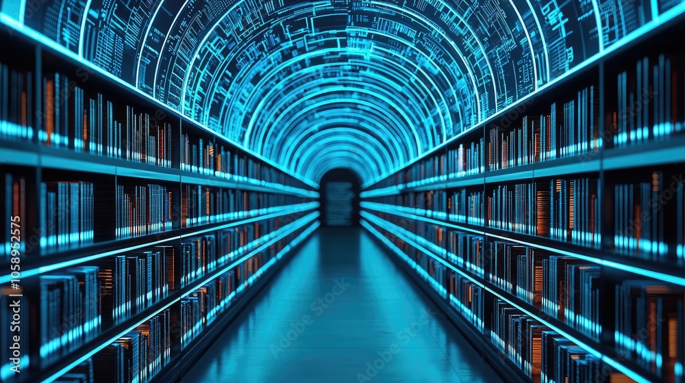Aufkleber futuristic library corridor with glowing shelves and a digital atmosphere.