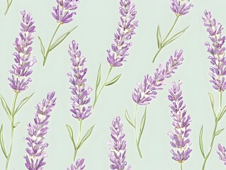 Fototapeta premium Elegant Lavender Floral Pattern in Soft Tones Repeating on Pale Green Background