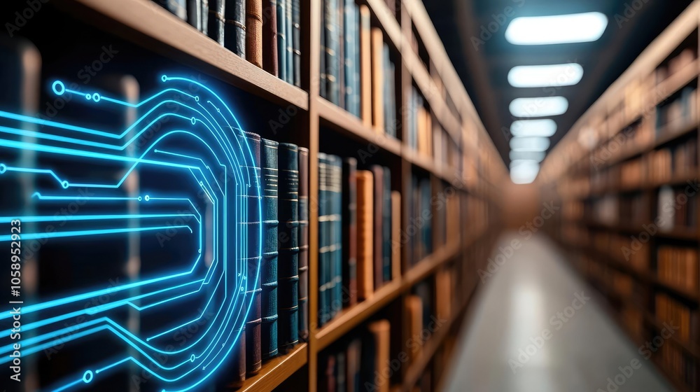 Aufkleber bookshelf with digital circuit interface representing modern technology integration.