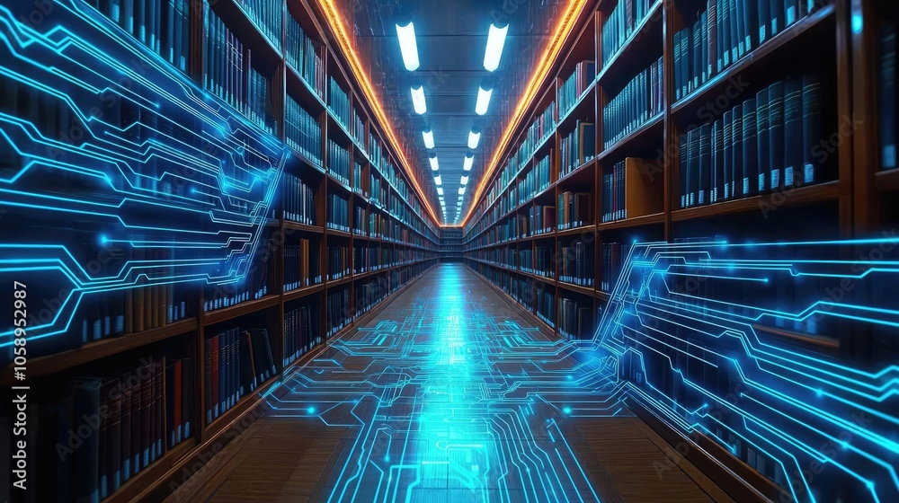 Poster Digital library with glowing information pathways, futuristic knowledge concept