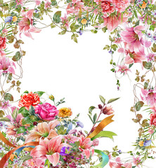 watercolor painting of leaves and flower, on transparent background