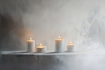 A Still Life Painting of Four Lit Candles on a Shelf