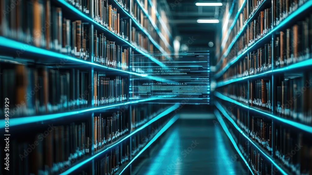 Poster modern library interior with illuminated shelves and empty walkway.