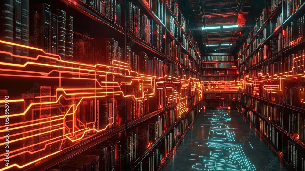 Poster Futuristic library with glowing circuit patterns and shelves of books.