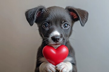 Cute puppy holding a red heart shaped toy against a light background in a loving pose