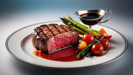 Grilled beefsteak with tomato and capsicums on white and blue gradient background