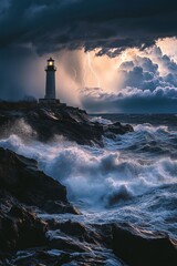Amidst dark storm clouds and crashing waves, a lighthouse shines brightly, guiding ships as lightning streaks across the sky at dusk along the coast