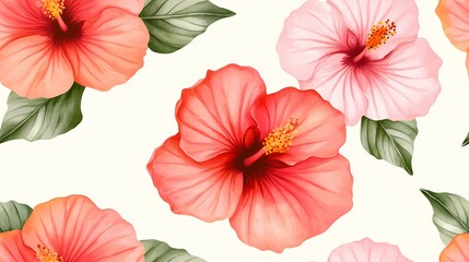 The image contains pink and red hibiscus flowers with green leaves on a white background.  The hibiscus flowers are in full bloom and the leaves are lush and green. The flowers are arranged in a repe