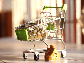 Loan for purchasing a home, consisting of a house and a money cart. Business and finance concept.