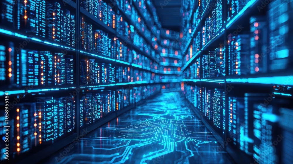 Poster Futuristic data center with glowing server racks and illuminated pathways.