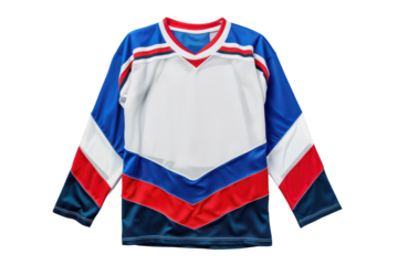 White, blue and red hockey jersey with copy space on transparent background