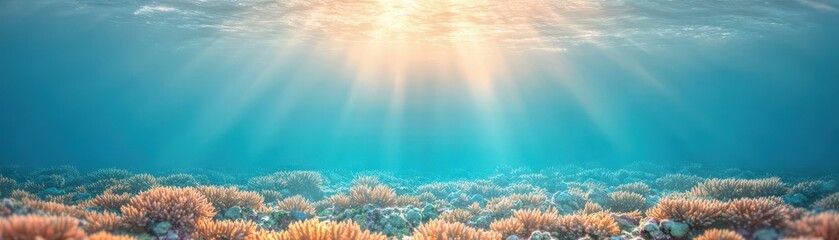 Underwater Coral Reef with Sunbeams and Blue Water