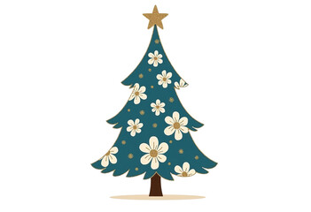 Fototapeta premium Minimalistic Vintage Christmas Tree Clipart with Floral Chinoiserie Style, Brown Trunk, and Gold Glitter Accents for Holiday Cheer 
