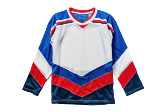 White, blue and red hockey jersey with copy space on transparent background